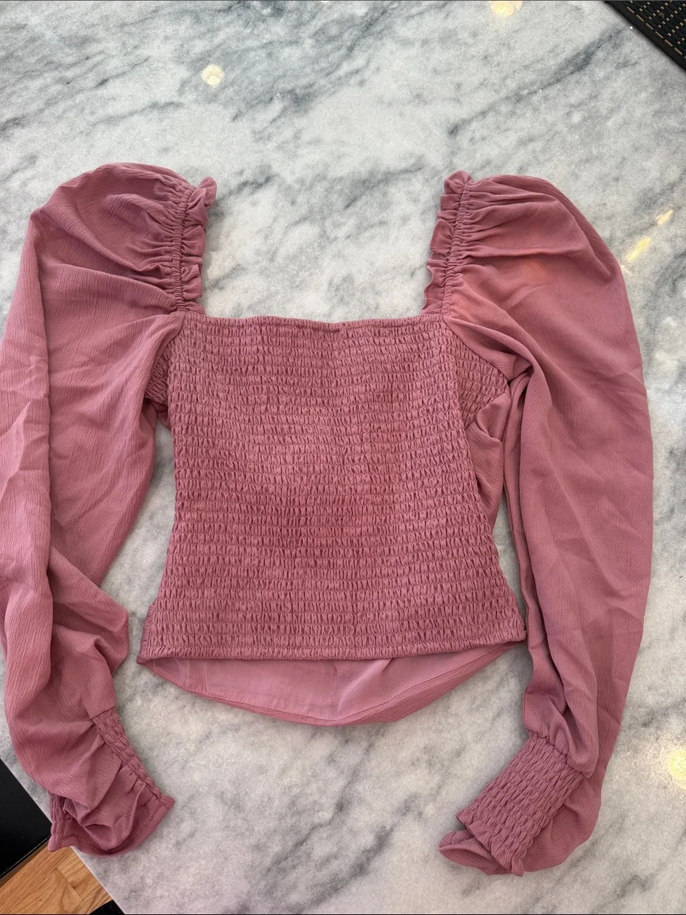 Astr Ruched Square Neck Long Sleeve Top in Mauve Pink